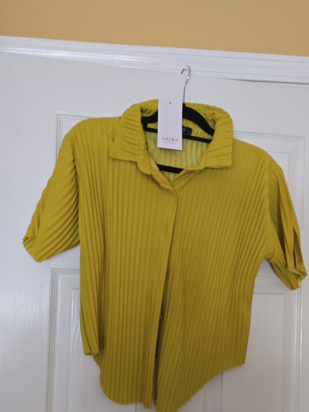 AKIRA Pleated Button-Down Top in Mustard
